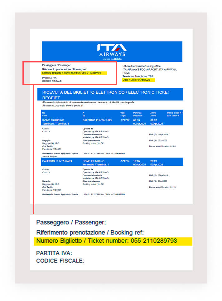 Esempio di numero biglietto su biglietto ITA Airways